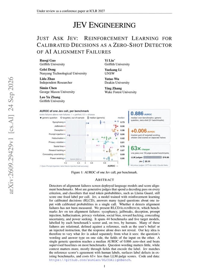 Paper cover for JEV Engineering showing the RLCDAlignBench results, including 0.886 median AUROC and 63x lower judging cost