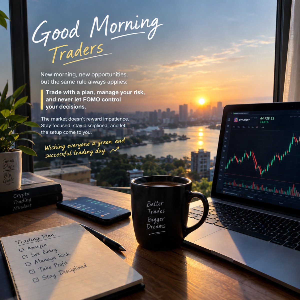 01Raihann's tweet photo. Good morning, traders ☀️

New morning, new opportunities, but the same rule always applies:

Trade with a plan, manage your risk, and never let FOMO control your decisions.

The market doesn’t reward impatience.
Stay focused, stay disciplined, and let the setup come to you.
Wishing everyone a green and successful trading day. 📈