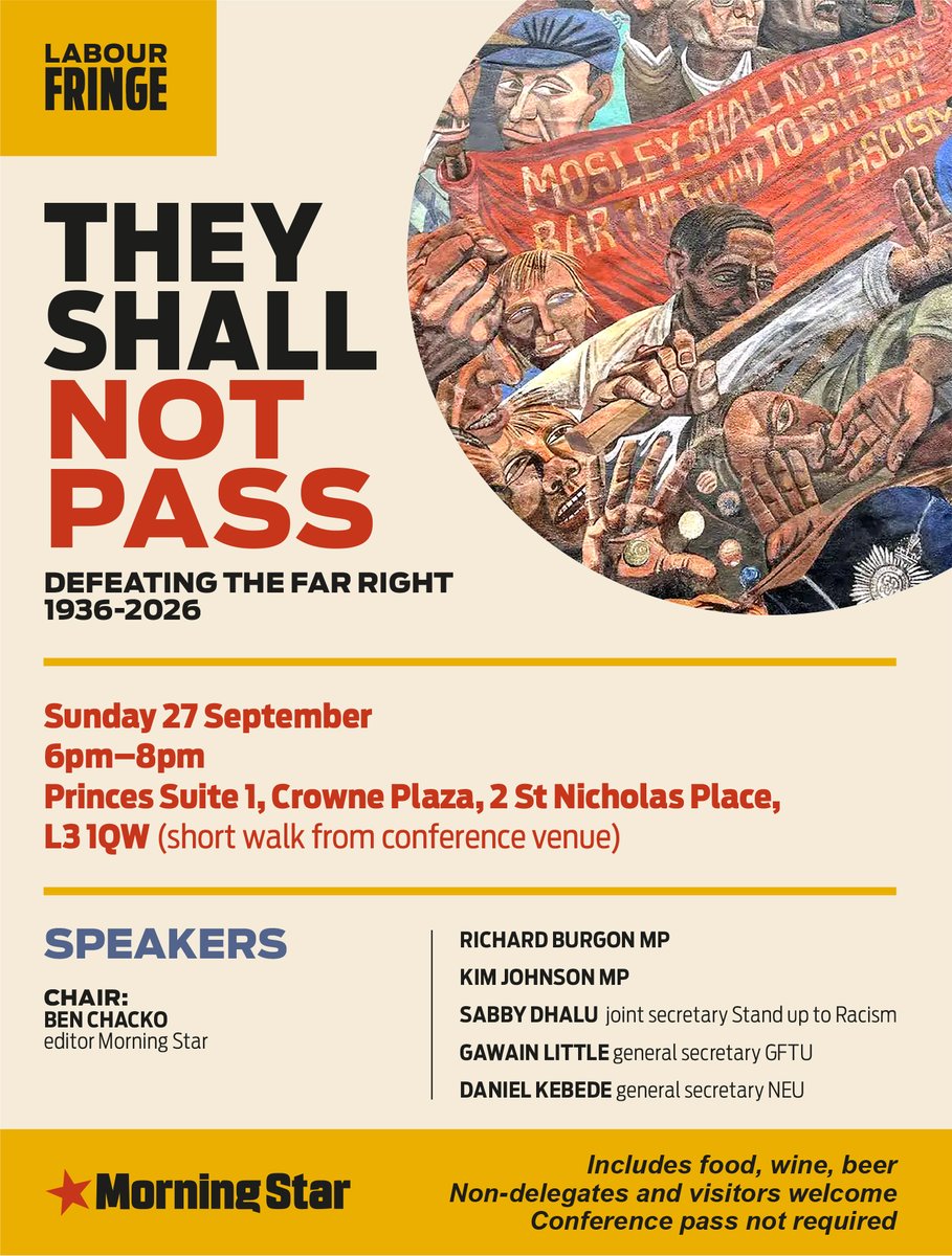 M_Star_Online's tweet photo. 🚩 They Shall Not Pass!

Join @RichardBurgon MP @SabbyDhalu (SutR) @DanielKebedeNEU gen sec @KimJohnsonMP @GawainLittle gen sec GFTU. Chaired by editor Ben Chacko

📅 Sunday 27 September Time: 6.00pm - 8.00pm
📍 Princes Suite 1, Crowne Plaza, 2 St Nicholas Place, L3 1QW https://t.co/mUmkliZ4P4