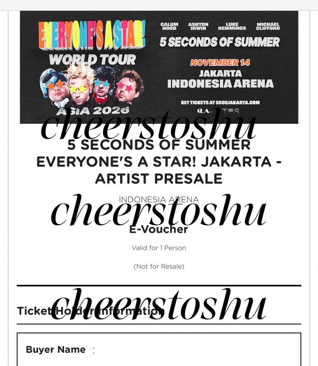 cheerstoshu's tweet photo. wts / want to sell 5SOS in Jakarta 
14 November 2026

🎫 Cat 3 Presale 

DM for more info and questions https://t.co/WKgG4Fw6AE
