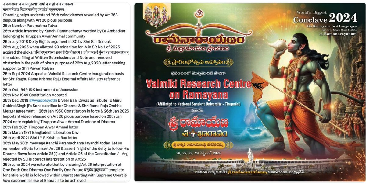 csranga's tweet photo. Today 26th Sept 2026
On 26th Sept 2024 had made an appeal at the Valmiki Research centre inauguration an important date in the overall Art 363 Constitutional Munivahana Journey and one of the key 26th divine coincidences that has been recorded👇 https://t.co/Ll0LLhWrRK