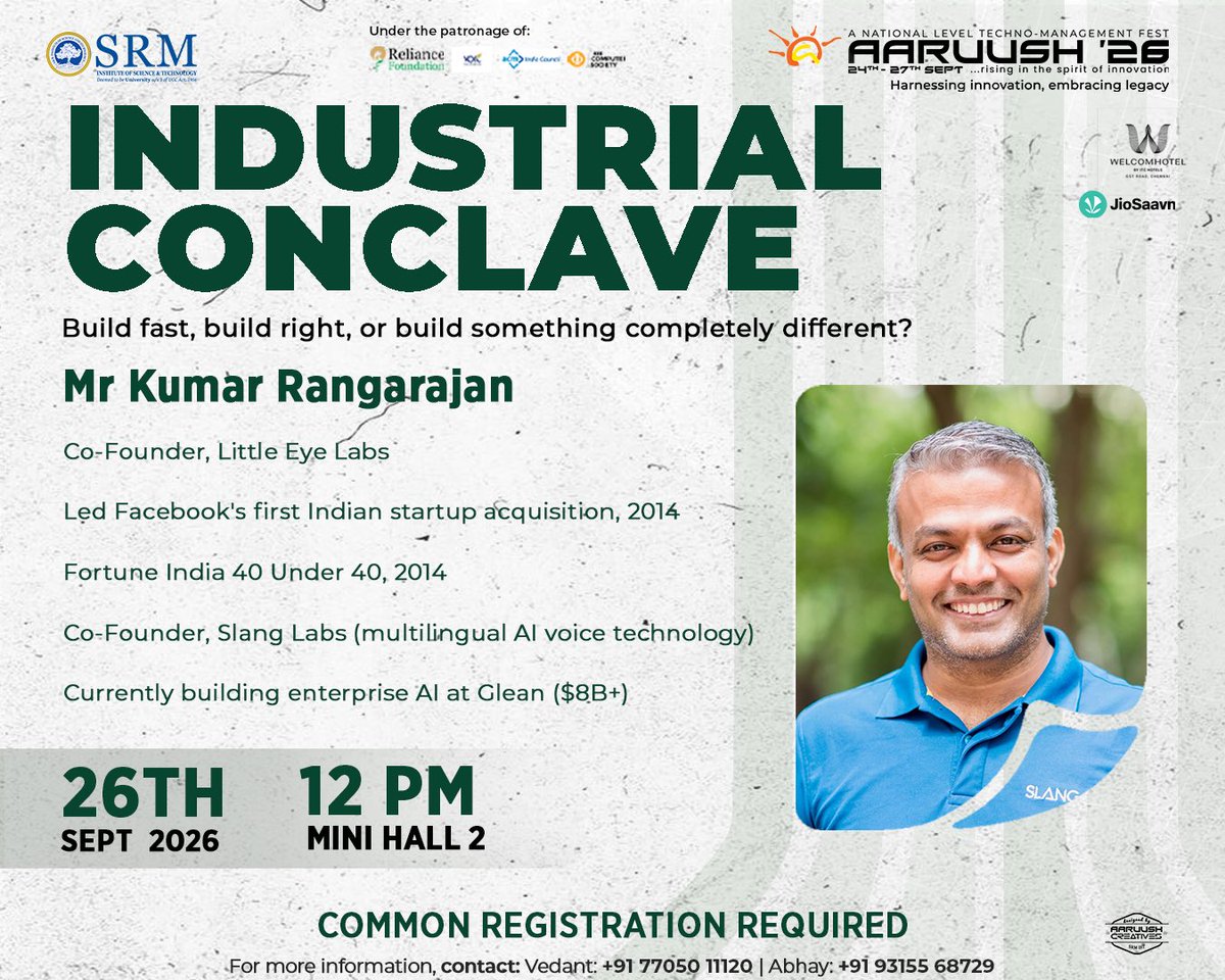 aaruushsrmist's tweet photo. The hardest part is deciding what to build. ⚙️
Industrial Conclave - THE BUILDER’S DILEMMA brings together voices from AI to share what it really takes to turn an idea into something real.
26 Sept | Mini Hall 2
#IndustrialConclave #Builders #Aaruush #SRMIST #seeyouattheevent https://t.co/7034Q9Of5E