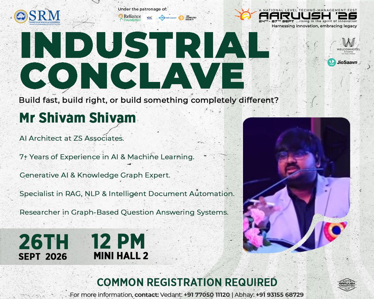 aaruushsrmist's tweet photo. The hardest part is deciding what to build. ⚙️
Industrial Conclave - THE BUILDER’S DILEMMA brings together voices from AI to share what it really takes to turn an idea into something real.
26 Sept | Mini Hall 2
#IndustrialConclave #Builders #Aaruush #SRMIST #seeyouattheevent https://t.co/7034Q9Of5E