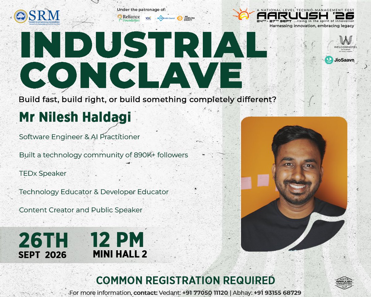 aaruushsrmist's tweet photo. The hardest part is deciding what to build. ⚙️
Industrial Conclave - THE BUILDER’S DILEMMA brings together voices from AI to share what it really takes to turn an idea into something real.
26 Sept | Mini Hall 2
#IndustrialConclave #Builders #Aaruush #SRMIST #seeyouattheevent https://t.co/7034Q9Of5E