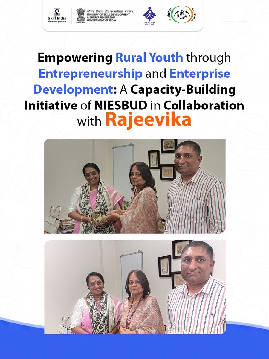 NIESBUDNOIDA's tweet photo. Strengthening Rural Entrepreneurship in Rajasthan

NIESBUD and Rajasthan Grameen Aajeevika Vikas Parishad (Rajeevika) discussed strengthening entrepreneurship and livelihood opportunities in rural Rajasthan.

Ms. Priyanka Goswami, IAS, State Mission Director, Rajeevika, Jaipur, and Dr. Poonam Sinha, Director General, NIESBUD, reviewed ongoing initiatives and explored avenues for deeper collaboration to promote rural entrepreneurship and sustainable livelihoods.

Shri Satish Chander Sharma, Director (EE), NIESBUD, was also present.