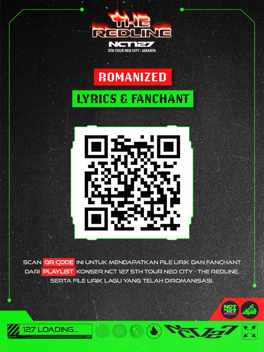 NCT127Project's tweet photo. ❤️‍🔥ROMANIZED LYRICS & FANCHANT❤️‍🔥

Czennie~ are you ready to sing along?!✨

Scan QR Code ini untuk akses romanized lirik & fanchant lengkap berdasarkan Setlist konser The Redline in Seoul

Kencangkan sabuk pengaman!! Kita karaoke bareng sama Urichil!!🎤

Note: Playlist ini bukan official set list untuk konser The Redline in Jakarta

#NCT127 #TheRedline_JKT