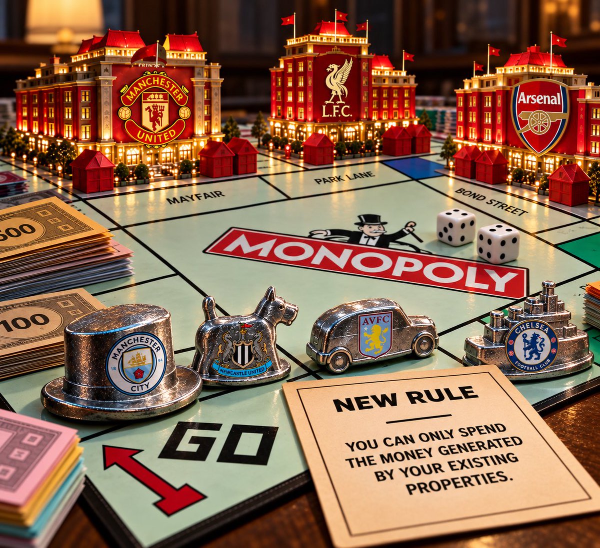 MCFCworld's tweet photo. Imagine a game of Monopoly…

You join halfway through with wads of cash. The other players already have hotels everywhere.

Then they create a new rule: you can only spend what your existing properties generate.

That’s Financial Fair Play.

#mcfc #cfc #avfc #nufc @henrywinter https://t.co/6jHLRbljx7