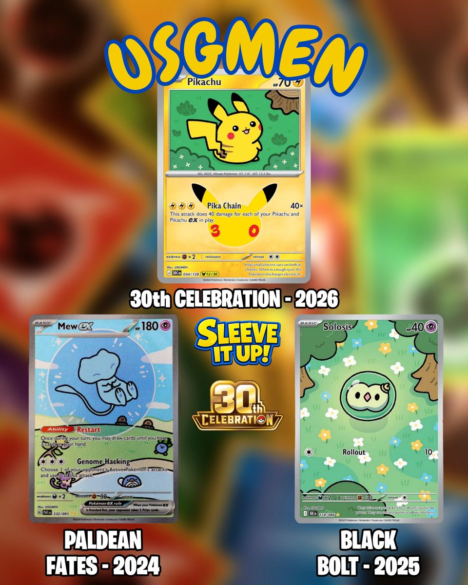 SleeveItUpTCg's tweet photo. Usgmen
Cute round Pokemon, thick bold lines, stylistically simple backgrounds.
You've seen Usgmens work before.. It's bubble Mew lol.
13/31
#Usgmen #Pokemon #Pokemon30 #PokemonCelebration #Pokemon30th
#30thPikachu #PokemonArt #BubbleMew https://t.co/0fADhZ19oF