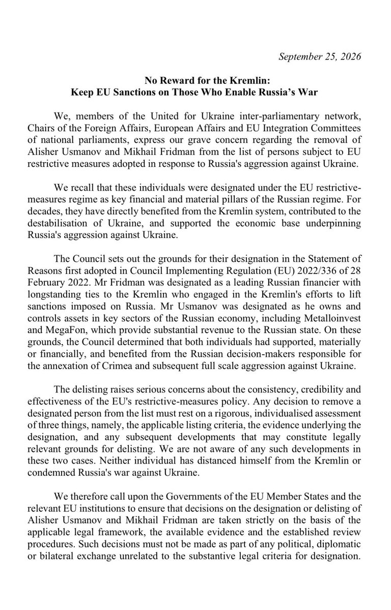 Riigikogu's tweet photo. MPs from 17 European countries and the European Parliament have condemned the removal of two Russian businessmen from the EU sanctions list, warning that it sets a dangerous precedent and weakens the deterrent effect of sanctions: https://t.co/2gF7LG1C1M https://t.co/PbUSBeqV5q
