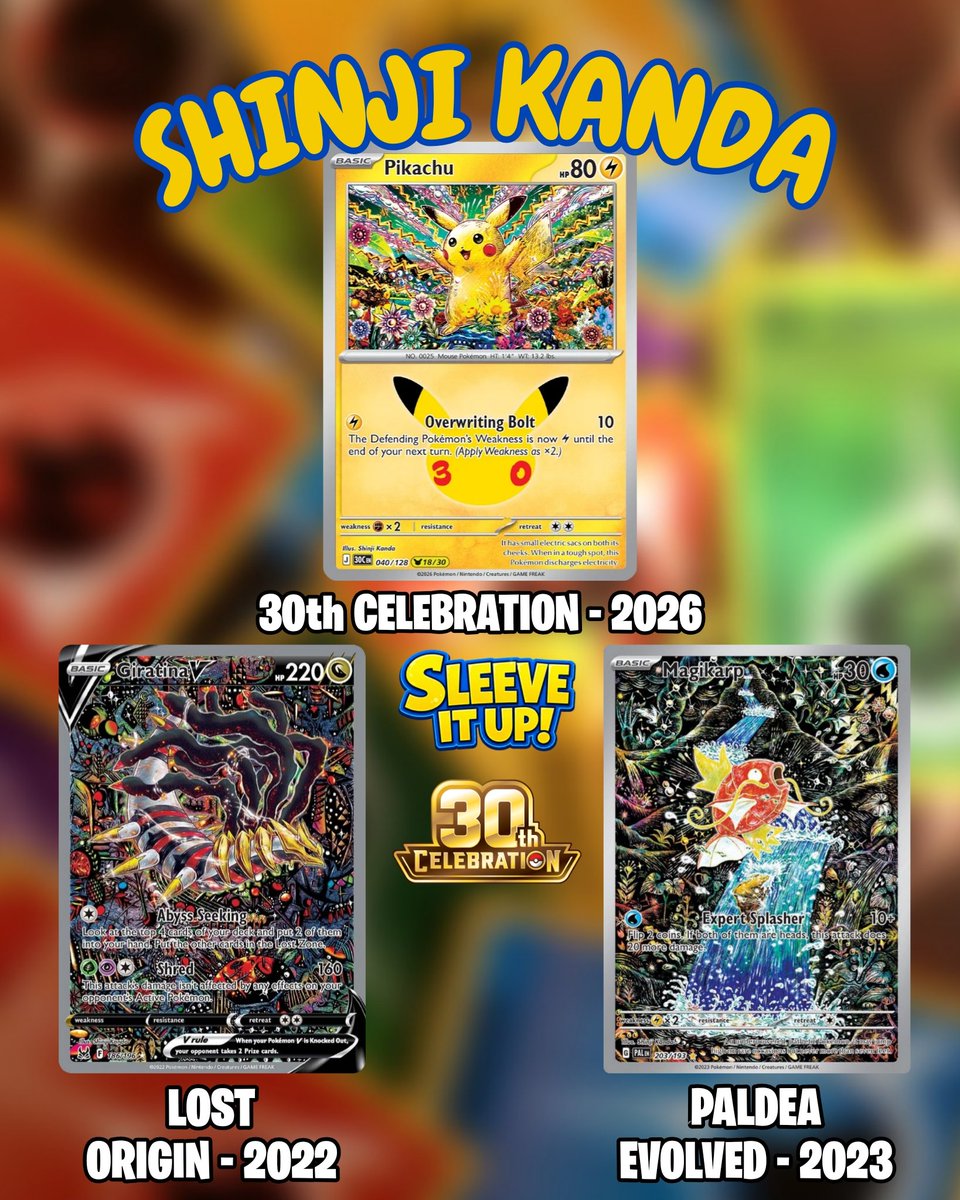 SleeveItUpTCg's tweet photo. Shinji Kamda
Most TCG fans are probably aware of Kandas work, especially with the Karp also being reprinted for the 30th.
Celebrated for his highly detailed, almost psychedelic pieces.
19/31
#Kanda #Pokemon #Pokemon30 #PokemonCelebration #Pokemon30th
#30thPikachu #PokemonArt https://t.co/SVrqTfQgrA