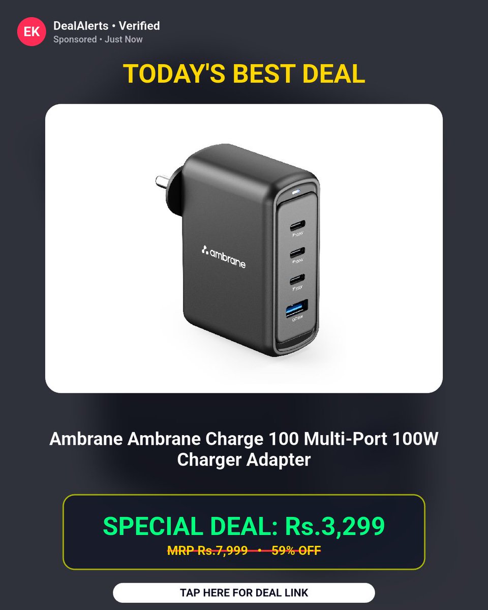 BanotaRajesh's tweet photo. This deal won't last long. Ambrane Charge 100 Multi-Port 100W Charger Adapter at ₹3299

Rs.3299 (was Rs.7999)

Buy Now: https://t.co/1ZTyy3oIIK https://t.co/OpIPWhNS4y