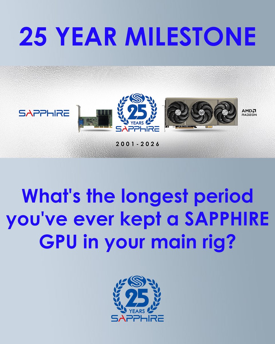 SapphireTech's tweet photo. We wonder who has the longest running SAPPHIRE GPU in our SAPPHIRE NATION Community!
.
.
#milestone #giveaway #SAPPHIRETech #gaming #hardware https://t.co/zbN7o7nywB