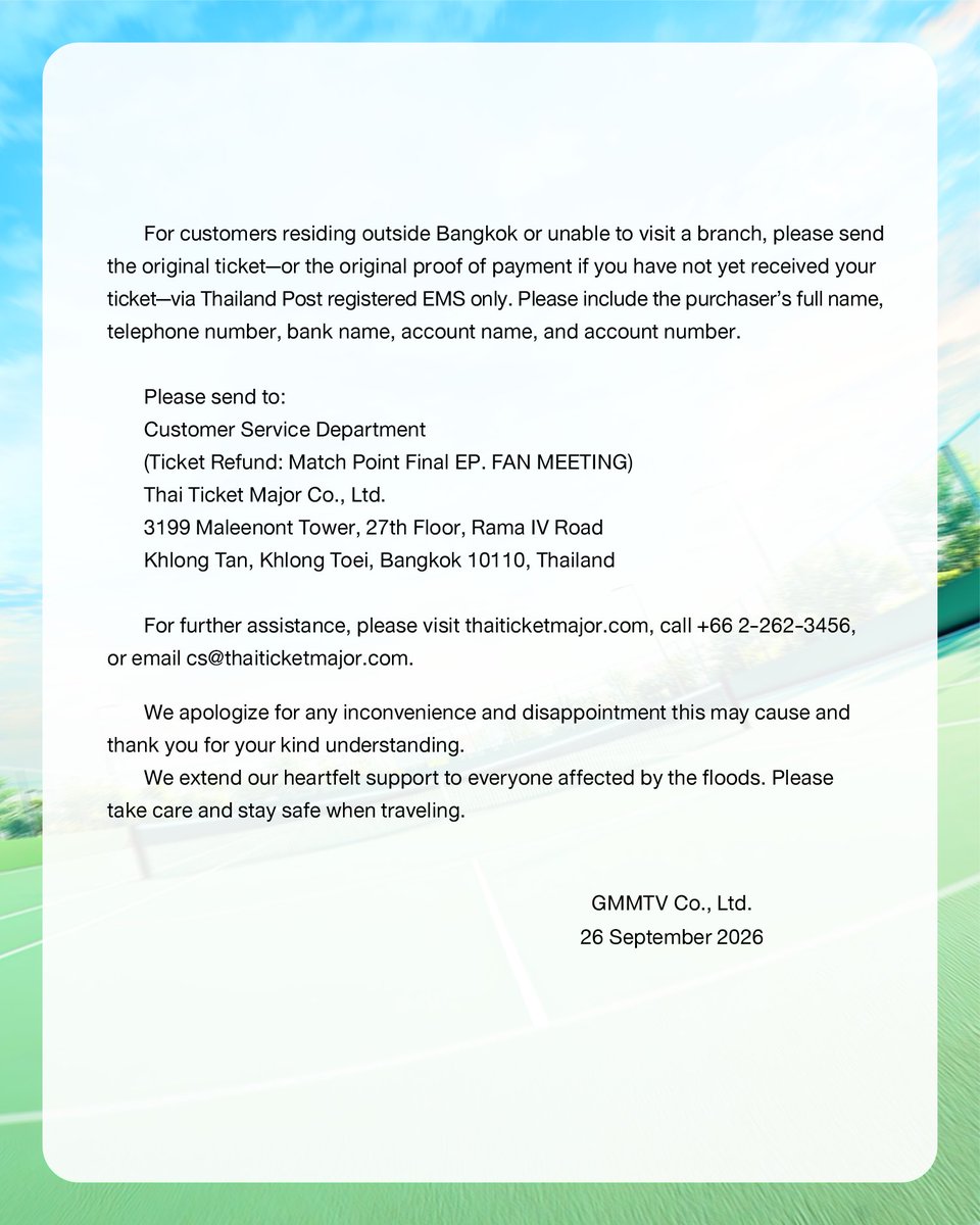 GMMTV's tweet photo. ประกาศยกเลิกการจัดงาน “Match Point Final EP. FAN MEETING” และรายละเอียดการคืนเงิน
Cancellation Notice: "Match Point Final EP. FAN MEETING" and Refund Details

#MatchPointSeries
#GMMTV https://t.co/7F3P0W9P4M