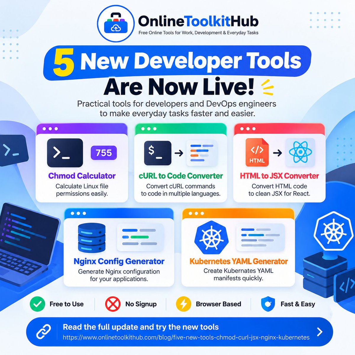 onlinetoolkit2's tweet photo. 🚀 5 new developer tools are live on OnlineToolkitHub:

🔹 Chmod Calculator
🔹 cURL → Code
🔹 HTML → JSX
🔹 Nginx Config Generator
🔹 Kubernetes YAML Generator
Free, no signup.
https://t.co/dezFmI9v4W
#DevOps #Developers https://t.co/jXTDV1oDyy