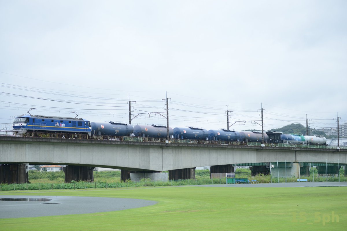 15_5PH's tweet photo. 川崎貨物駅の仕分け線に、明らかに仕組まれたァゃしぃ編成が留置されていたのを確認したのが9/23のことでした。
いつもの様に川貨で行ったら今日出しみたいだったので、サイドが目立つように多摩川の土手から撮影しました。上手いことヨ以下が刺さらずに決まりました。

2026.9.26
8765レ https://t.co/MACJ0zU6ax