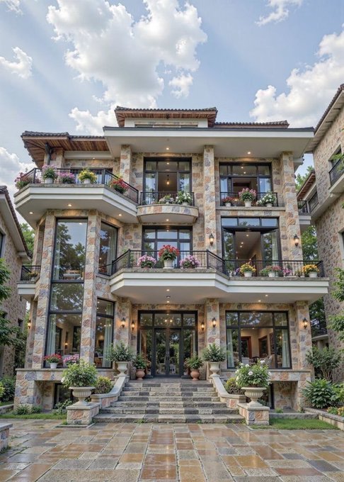 A luxurious multi-story stone mansion with large windows, balconies adorned with potted flowers, and a grand staircase leading to the entrance.