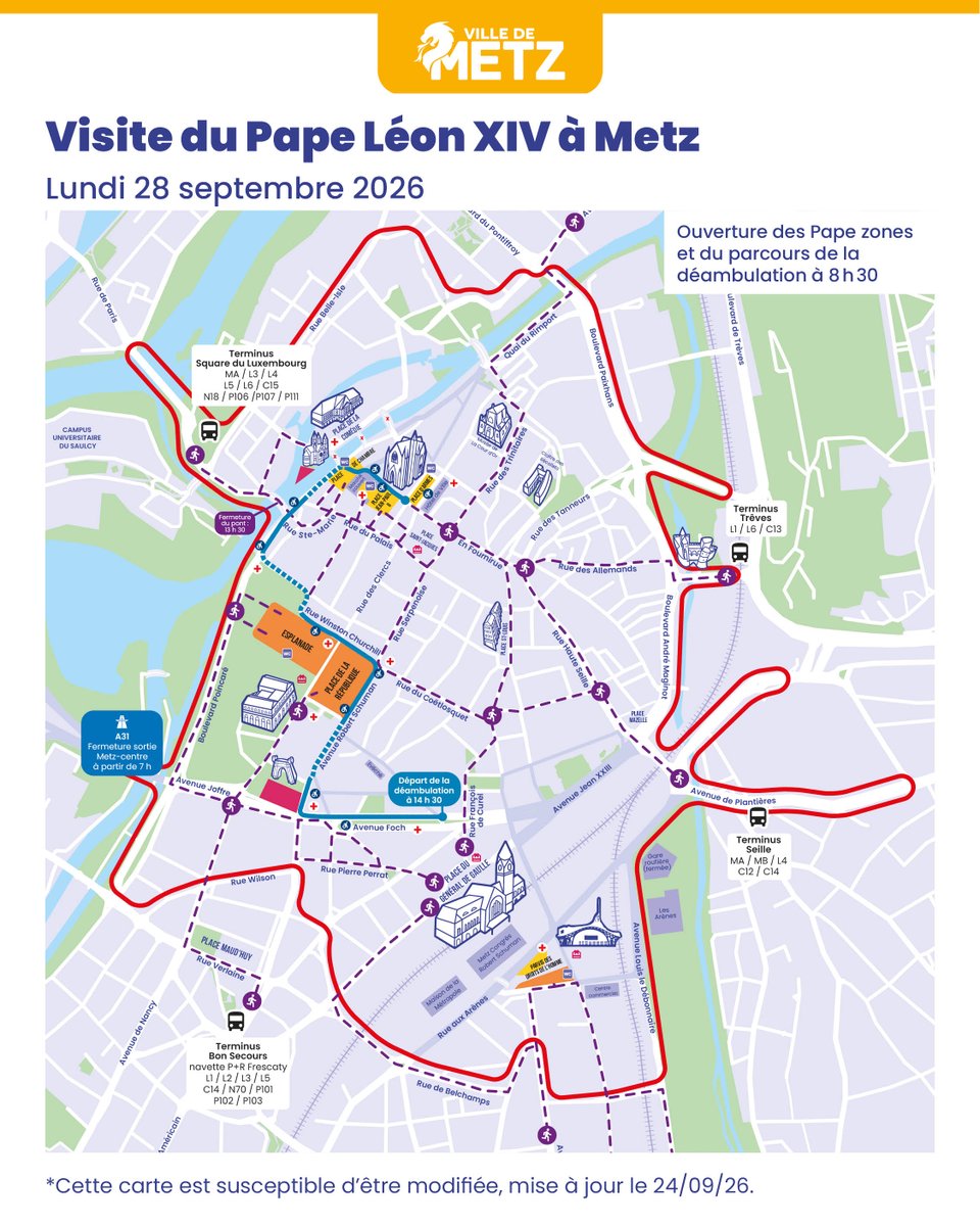 Image de Préfet de la Moselle - #PapeLéonXIVàMetz ⛪ | Où voir le Pape lors de sa visite ce lundi 28 septembre à Metz ?
À l’occasion
