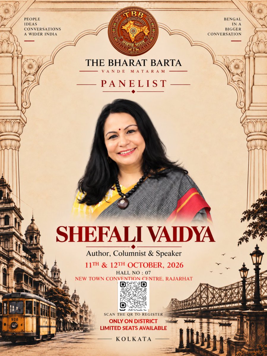 thebharatbarta's tweet photo. Shefali Vaidya joins The Bharat Barta.

Different perspectives. One room. One conversation.

📅 11–12 October 2026
📍 New Town Convention Centre, Rajarhat
🎟️ Get your tickets from District

Vande Mataram.

#TheBharatBarta #ShefaliVaidya #Kolkata https://t.co/F4y3qBbRaP