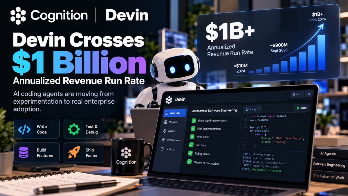 David_Carter_ai's tweet photo. 🚨 AI coding agents are becoming a serious business.

Cognition’s Devin has reportedly crossed a $1 billion annualized revenue run rate.

The growth comes as companies increasingly use AI agents to handle software development tasks that once required large engineering teams.

This is bigger than another AI coding tool launch.

It shows that autonomous software engineering is moving from experimentation into real enterprise adoption.

The next generation of developers may not just use AI to write code.

They may manage AI agents that write, test, debug, and ship it.

#AI #Devin #Cognition #AIAgents #Coding #TechNews