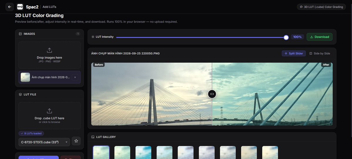 spac2com's tweet photo. Introducing Spac2 3D LUT Studio: Cinematic Color Grading Powered by WebGL 2 GPU

Transform your digital photos into cinematic masterpieces right in your web browser. Discover hardware-accelerated 3D LUT (.cube) application, real-time split-slider comparisons, opacity mixing, persistent IndexedDB libraries, and zero-upload client-side batch processing.

https://t.co/W232pTL6K3