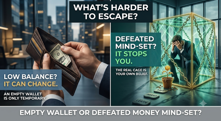 t_raajan's tweet photo. Being broke isn’t the most dangerous financial state. Staying stuck is.

A low bank balance can change.

But “I’ll never get ahead” can stop you from saving, investing, learning—and trying.

What’s harder to escape: an empty wallet or a defeated money mind-set? https://t.co/mViFzggrun