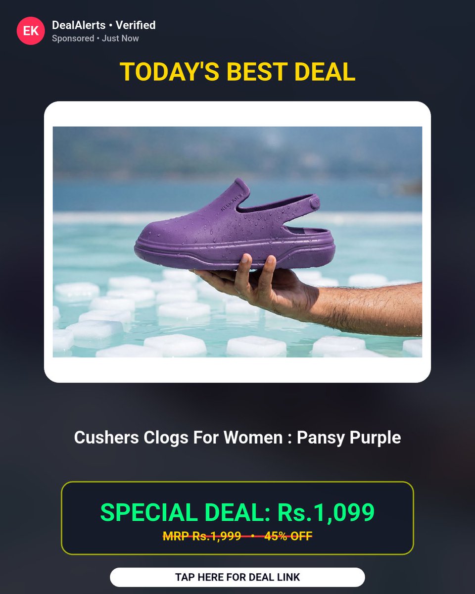 BanotaRajesh's tweet photo. Price dropped hard on this one. Cushers Clogs For Women : Pansy Purple at 10% Off

Rs.1099 (was Rs.1999)

Buy Now: https://t.co/k1tmVAywsr

#CushersClogs #WomenFootwear #Cushyverse #PansyPurple #FootwearDeal https://t.co/lf9yS71fS7