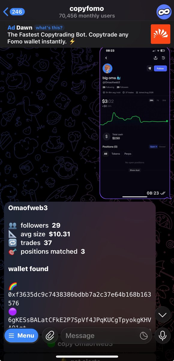 obediiodom's tweet photo. If there’s one thing memecoin traders will always regret, it’s missing a trade.

Especially if you’re a fomo trader 😂

A lot of people join Telegram communities just to copy trades, but we’ve seen plenty of people miss calls for different reasons.

That’s exactly what @copyfomo wants to change.

It’s a Telegram bot that lets you pick a trader, choose your position size, and mirror their buys and sells directly in your own wallet.

So if you’re the type that hates seeing a call after the entry already happened, this might be for you.

I’ll be dropping more on how it works soon.

https://t.co/xCwk8Y5OSj