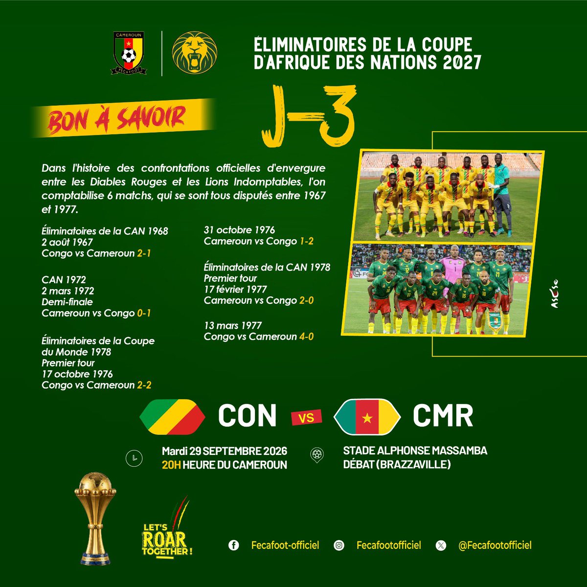 LIndomptables's tweet photo. 🔴🔴⚽️🔥
JJ➖3️⃣
#CONGO 🇨🇬 🆚 🇨🇲 #CAMEROUN
📆 29/09/2026
⏰ 20H00
🏟️ Stade Alphonse Massamba
📍 Brazzaville - Congo
#CANTOTALENERGIES2027Q |
#CONCMR | #GOLIONS | #ALLEZLESLIONS | #LETSROARTOGETHER | #INDOMPTABLES | https://t.co/gVxwVd8nPT