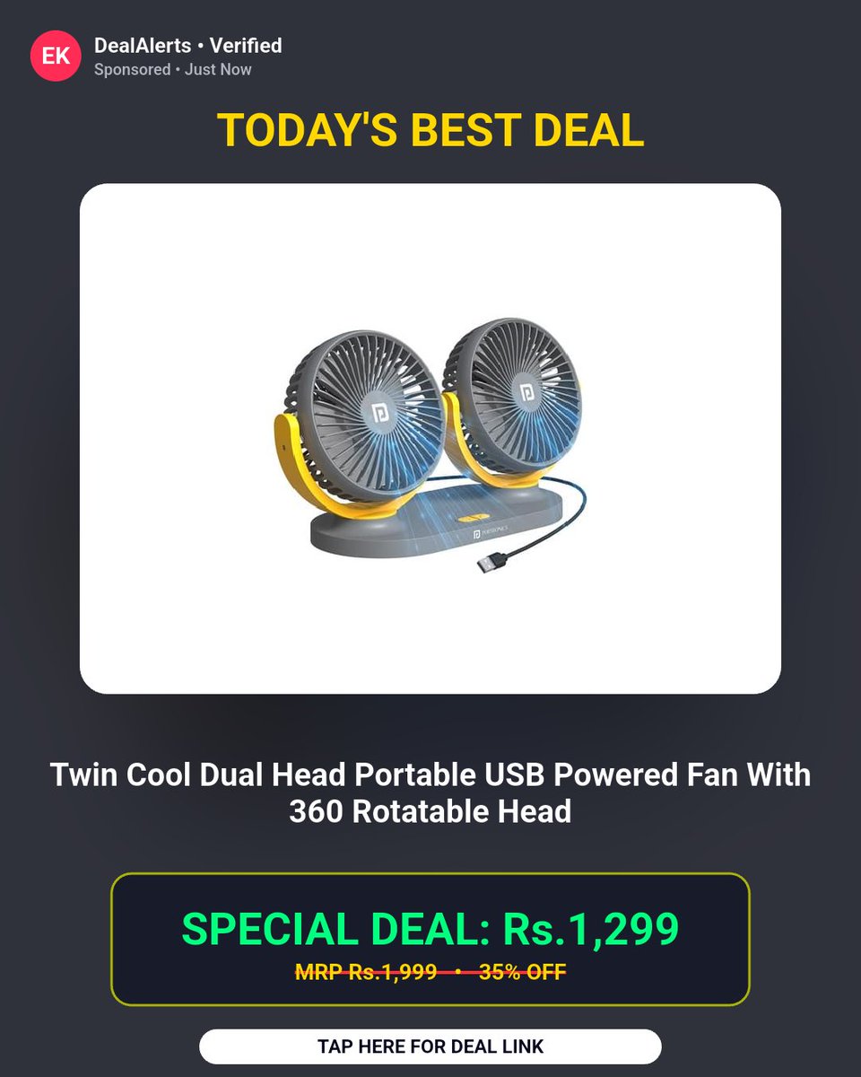 BanotaRajesh's tweet photo. One of the best prices we've tracked. Twin Cool Dual Head Portable USB Powered Fan With 360 Rotatable Head at ₹1299

Rs.1299 (was Rs.1999)

Buy Now: https://t.co/7kkj3TP9SW https://t.co/eJrASutgVA