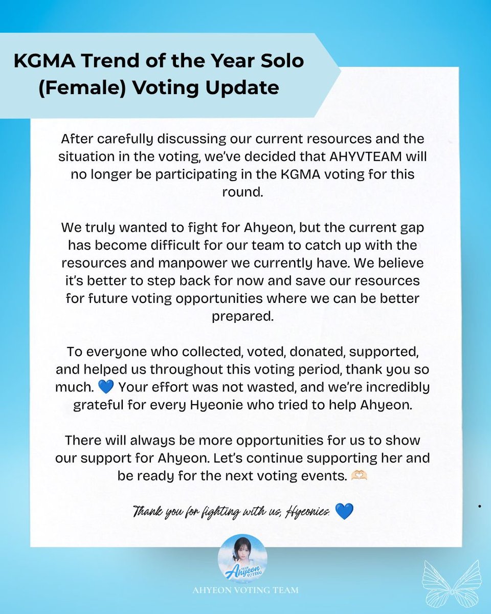 AHYVTEAM's tweet photo. 📢 KGMA Trend of the Year – Solo (Female) Voting Update

AHYVTEAM will no longer be participating in KGMA voting. We’re sorry we couldn’t fight until the end, and thank you so much to everyone who fought for Ahyeon with us. 💙

Let’s be ready for the next opportunity! 🫶🏻
#AHYEON https://t.co/5XWAYfHeJO