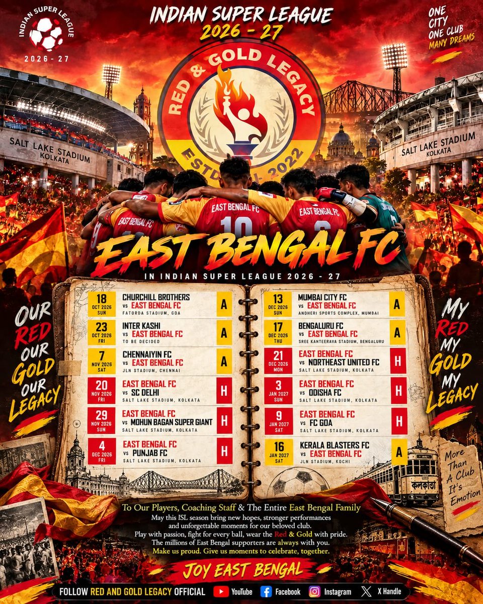 RGL_2022's tweet photo. Save the date.
Defending champions will  start their campaign. 
#ISLFIXTURE #JOYEASTBENGAL
#TEAMLEGACY ❤️💛 https://t.co/cwpJSjLiL7
