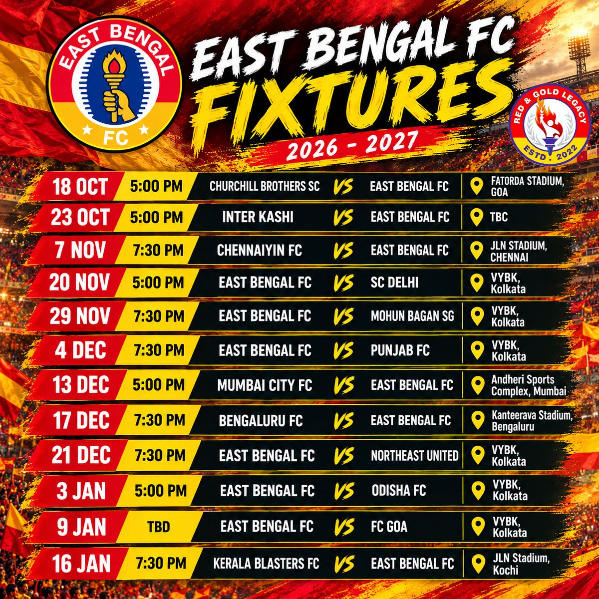 RGL_2022's tweet photo. Save the date.
Defending champions will  start their campaign. 
#ISLFIXTURE #JOYEASTBENGAL
#TEAMLEGACY ❤️💛 https://t.co/cwpJSjLiL7