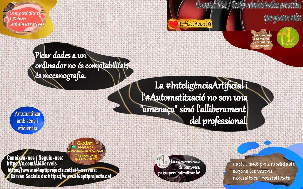 serveis38965's tweet photo. Picar dades a un ordinador no és comptabilitat, és mecanografia.
La #InteligènciaArtificial i l'#Automatització no son una "amenaça" sinó l'alliberament del professional.
#SolucionsAi4 us ajuda amb la #GestiodelCanvi #MentoriaoSubcontractacio
#FeinesAdministrativesADemanda https://t.co/zsyD0rLPpD