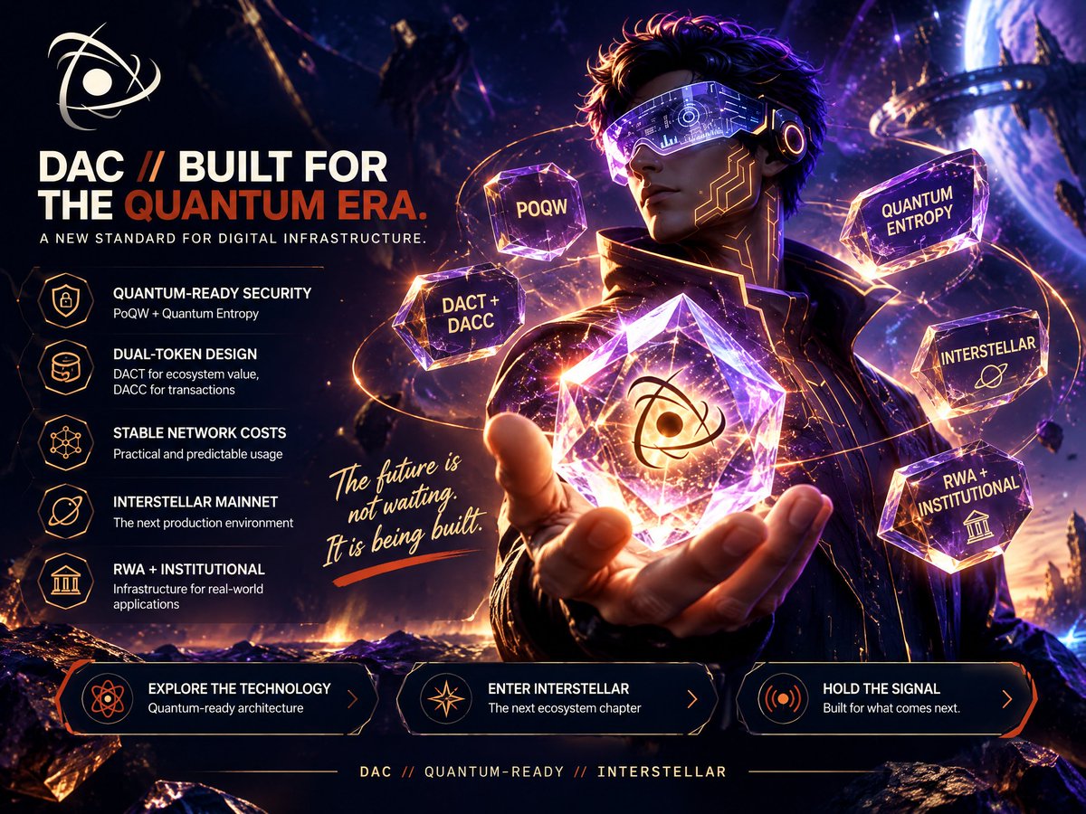 AsadQayyum79979's tweet photo. ⚛️ The future is not waiting. It is being built. 🌌

@dac_chain is shaping a new vision for digital infrastructure—one designed for the quantum era and built for what comes next.

At the center of that vision:

🔐 Quantum-ready security powered by PoQW and Quantum Entropy

🔗 Dual-token design with DACT supporting ecosystem value and access, while DACC powers transactions and network activity

⚡ Stable network costs designed to make blockchain usage more practical and predictable

🌌 Interstellar Mainnet—the next production environment for on-chain activity and ecosystem growth

🏛️ RWA and institutional infrastructure for real-world applications and future digital services

The DAC crystal represents more than technology. It represents a signal—a focused direction toward stronger security, practical adoption and a more connected on-chain future.

The next chapter is not just being imagined.
It is being engineered.

DAC // QUANTUM-READY // INTERSTELLAR 🚀

#DAC #QuantumChain #Interstellar #DACT #DACC #Web3 #Blockchain