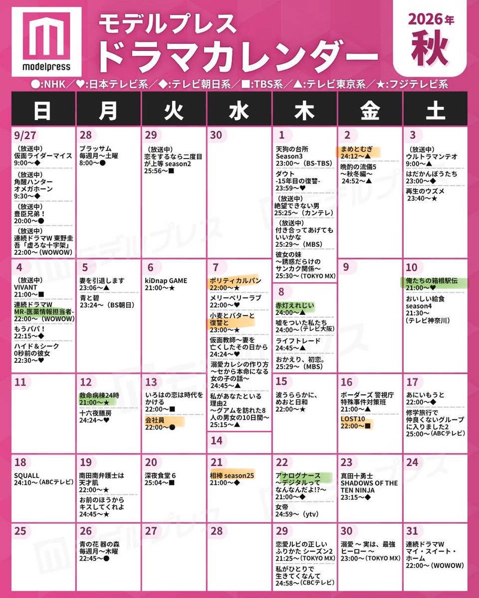 zujlz's tweet photo. 🟨→確定で見る 🟩→余裕があれば
できればリアタイしたいけど録画か配信で追うことになりそう✍🏻

 #モデルプレスドラマカレンダー https://t.co/GuPeUHmIh7