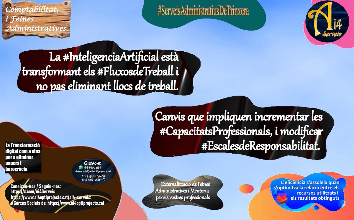 serveis38965's tweet photo. La #InteligenciaArtificial està transformant els #FluxosdeTreball i no pas eliminant llocs de treball.

Canvis que impliquen incrementar les #CapacitatsProfessionals, i modificar #EscalesdeResponsabilitat.
#GestioEficient #SolucionsAi4 #ServeisProfessionalsAMida #CostVariable https://t.co/fxkFfnyvX5
