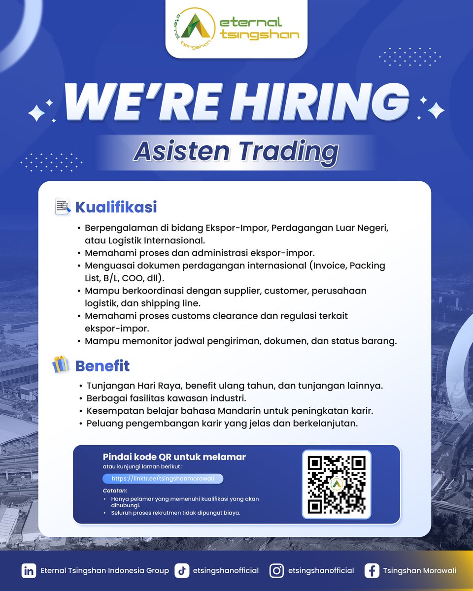 TsingshanGroup1's tweet photo. 🚨 WE’RE HIRING! — ASISTEN TRADING🌏

Siap level up di dunia trading &amp; logistik internasional? 📦
Join Eternal Tsinghsan Indonesia Group!

📲 Scan QR Code pada flyer untuk melamar.

#WeAreHiring #AsistenTrading #LowonganKerja #LokerMorowali #StartYourCareerWithTsingshan https://t.co/KItSn9wcpu