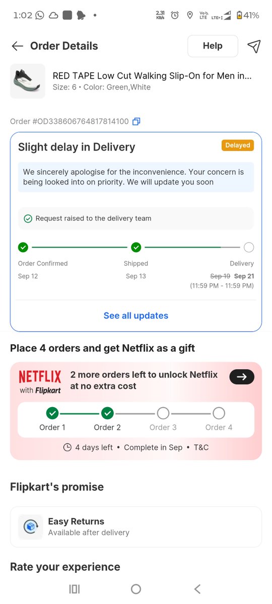 ravendra_pratap's tweet photo. @Flipkart @Flipkart @flipkartsupport My order OD338606764817814100 was promised for delivery on 19 Sept 2026, but it’s still undelivered as of 26 Sept. It was shipped on 13 Sept and is now marked “Delayed.” Please provide the exact status, reason for delay &amp; ensure immediate delivery. https://t.co/Bfm1F59ZfI