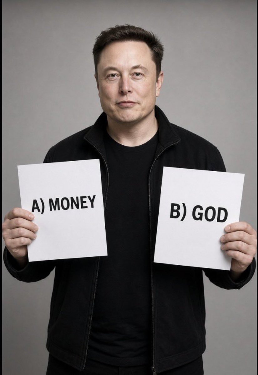 ElonCommenv1's tweet photo. Elon Musk is holding a paper in each hand.

Be honest… what is your top priority in this life? 👀

💰 A) Money

🙏 B) God https://t.co/5Nk1C2qC3J