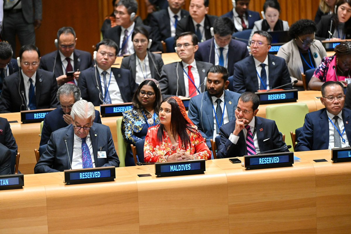 presidencymv's tweet photo. His Excellency Vice President Uz @HucenSembe delivers remarks at the High-Level Meeting on the Global Development Initiative hosted by China on the sidelines of the 81st Session of the United Nations General Assembly, highlighting sustainable growth and shared prosperity.

#MDVatUNGA81