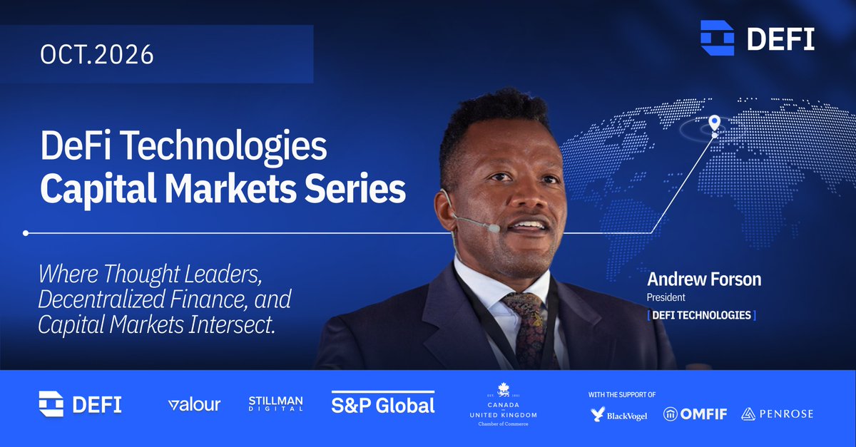 DeFiTechGlobal's tweet photo. Next in our speaker lineup for the DeFi Technologies Capital Markets Series: @Forson, TEP, President of @DeFiTechGlobal  and Chief Growth Officer of @ValourFunds . 🎤

Across this series, Andrew has consistently made the case for ETPs as a structural bridge for institutions: familiar operational frameworks, regulated custody, and exposure that fits inside an existing mandate rather than requiring a new one.

If you're an asset manager, institutional investor, or allocator and want to attend, reach out to events@defi.tech

🤝 The event is coordinated in partnership with the Canada-UK Chamber of Commerce, and @SPGlobal. The session also has the support of @BlackVogel_, @OMFIF and @PartnersPenrose.

@ValourFunds | @DeFiTechGlobal | @DigitalStillman
