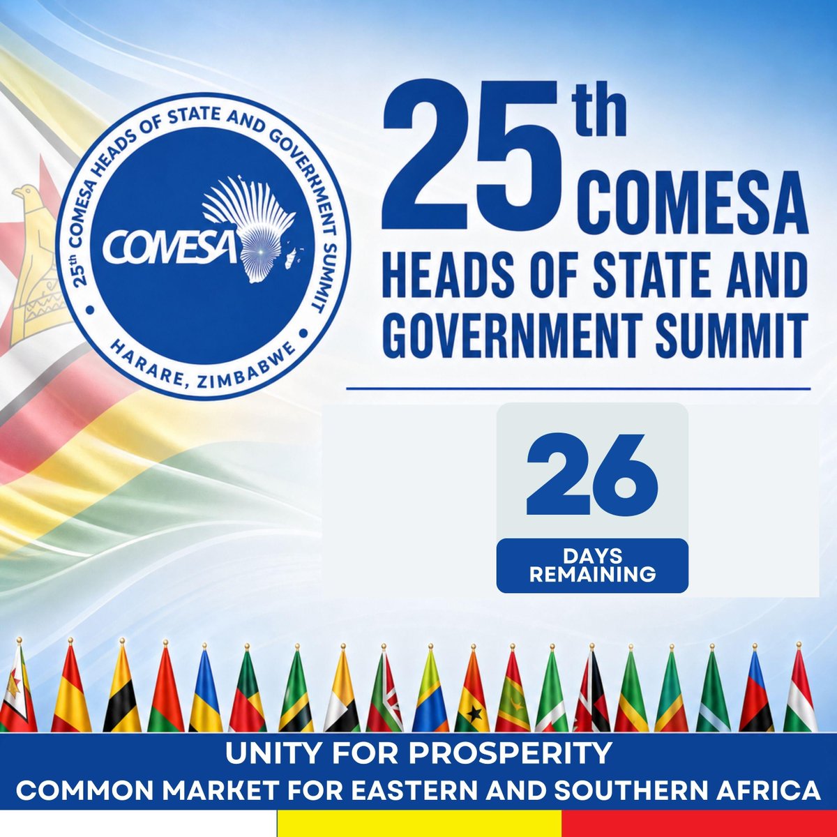 ValChibs's tweet photo. ⏳ 26 DAYS TO COMESA!

“One Market, One Future” becomes the focus as Zimbabwe prepares to host the 25th COMESA Summit.

For Zimbabwe, this is an opportunity to strengthen regional trade links, attract investment and connect local businesses to a much bigger African market. 🇿🇼🌍 https://t.co/RWF6rDdI3B
