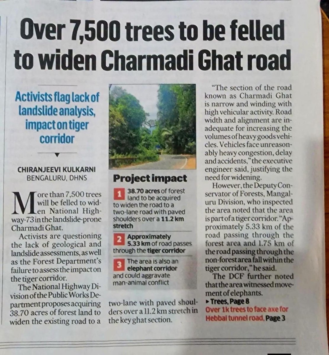 charlezdsouza's tweet photo. Charmadi Ghat. Another road widening project. Another 7,540 trees.

Anyone who has travelled through Charmadi knows how beautiful that stretch is. The road is wide enough for vehicles, but still narrow enough for forest life to move across it.
And this is also an elephant crossing and tiger corridor, where animals still move through their habitat.