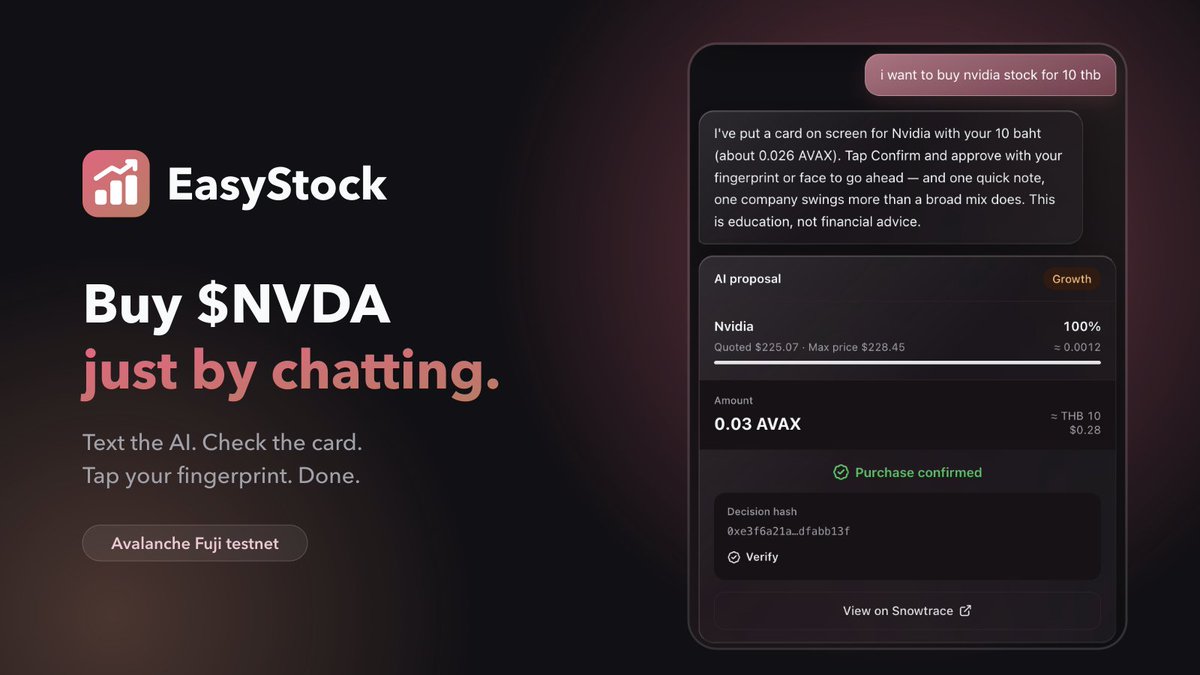 howyyy111's tweet photo. ser, what if buying $NVDA onchain was just… a chat? 👀
EasyStock: text the AI, check the card, tap your fingerprint. that's it 👆
Fuji testnet demo on @AvaxTeam1 @Team1TH_🔺 LFG
https://t.co/b7uzYdyyId https://t.co/l2d7mEYrxO