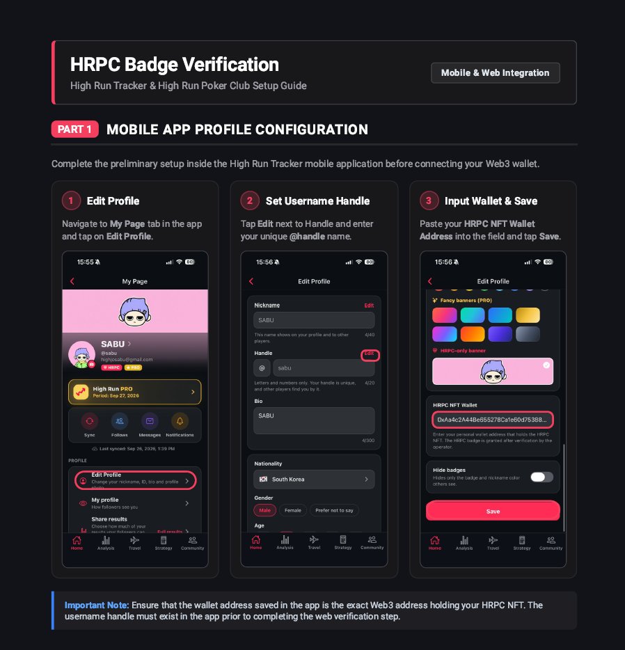 HighRunPC's tweet photo. How to get your HRPC Badge?

1. High Run Tracker app: register your handle &amp; HRPC NFT wallet address
2. High Run Poker Club web: sign in with your wallet &amp; submit your handle

Once verified, your nickname turns red.
Proof of a real holder. https://t.co/oS4g2bBNlP