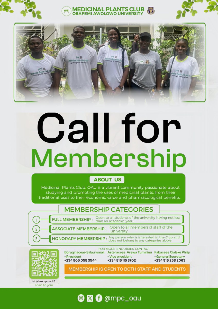 mpc_oau's tweet photo. 🌿*We Are MPC… And We Are Recruiting!*🌿

The Medicinal Plants Club (MPC), OAU is a vibrant community passionate about studying and promoting the uses of medicinal plants ,from their cultural importance to their economic value and pharmacological benefits. https://t.co/gRhPr8bWD0