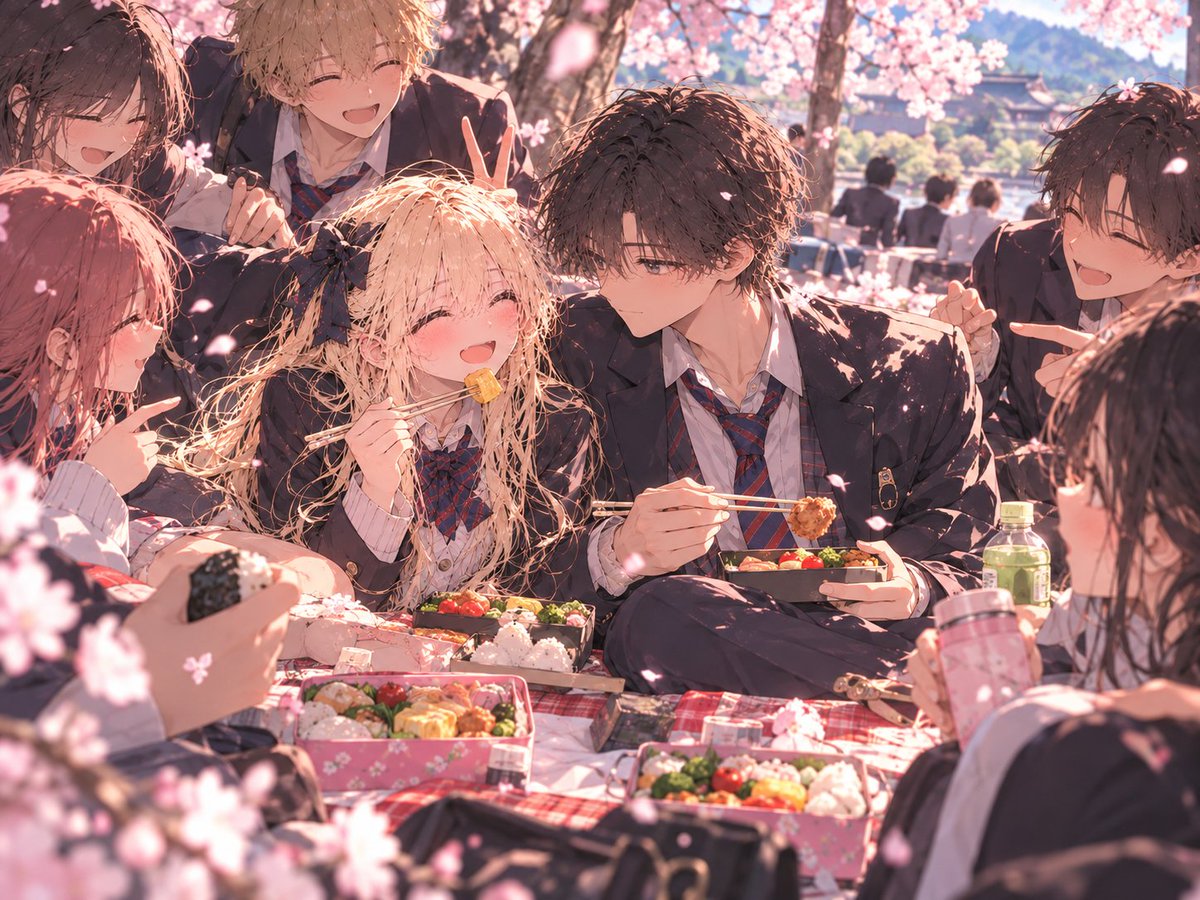 miyagisakurakei's tweet photo. 修学旅行編② 桜の下のお昼ごはん🌸
修学旅行のお昼、みんなで桜の下でお弁当を食べることになった🍱🌸
私は特に何も考えず、空いてるところに座ろうとしてたんだけど——
「咲桜、ここ座りなよ！」
「そうそう、そこ空いてるよ〜！」
って、友達がやたら一か所を勧めてくる。

「え？ここ？」

言われるまま座って、隣を見たら……

景だった。

その瞬間、周りのみんなが顔を見合わせてニヤニヤ。

「……なに？」

「別に〜？」
「何でもないよね〜」

……今思えば、絶対わざとだったよね？？？
そのまま景と隣同士で、みんなでお弁当を食べることに。

新幹線での話をしたり、クラスの噂話をしたり、誰かのおかずを交換したり。

桜はずっとひらひら落ちてくるし、みんな笑ってるし、本当に楽しかった。

ただ——

私は景が隣にいることを意識しすぎて、それどころじゃない時もあって

肩がちょっと触れたり、同じものを取ろうとして手が近くなったりするだけで、

「近い近い近い……！」

って、ひとりでずっと緊張してた。

なのに周りのみんなは完全に面白がってて、

「景、それおいしい？」

「うん。」

「じゃあ咲桜も食べてみたら？」

「なんでそこで私なの！？」

またみんな大笑い。

景は何も言わずに普通にお弁当食べてたけど、ふと横を見たら——

耳、ちょっと赤かった気がする。

……たぶん。

当時の私は、景のことが好きなのをちゃんと隠せてるつもりだった。

でも今考えると、

隠せてると思ってたの、私だけだったのかもしれない🌸
#恋愛 #Miraimind #Zeta #修学旅行 #彼氏