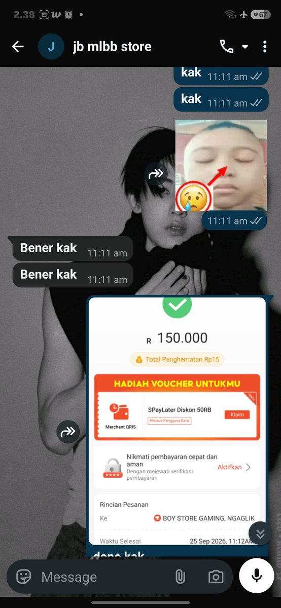 ellychannxu's tweet photo. guys boleh bantu viralin ga, uang aku hangus 450k yg niatnya beli murah 150 jadi boncos anyway itu uang makan aku:( awalnya adminnya bilang cuma 150 terus minta uang keamanan 300k uang aku habis tinggal 150 jadi aku nego, udh deal lah itu 150 terus tbtb chat - https://t.co/4Nr0GzClSf