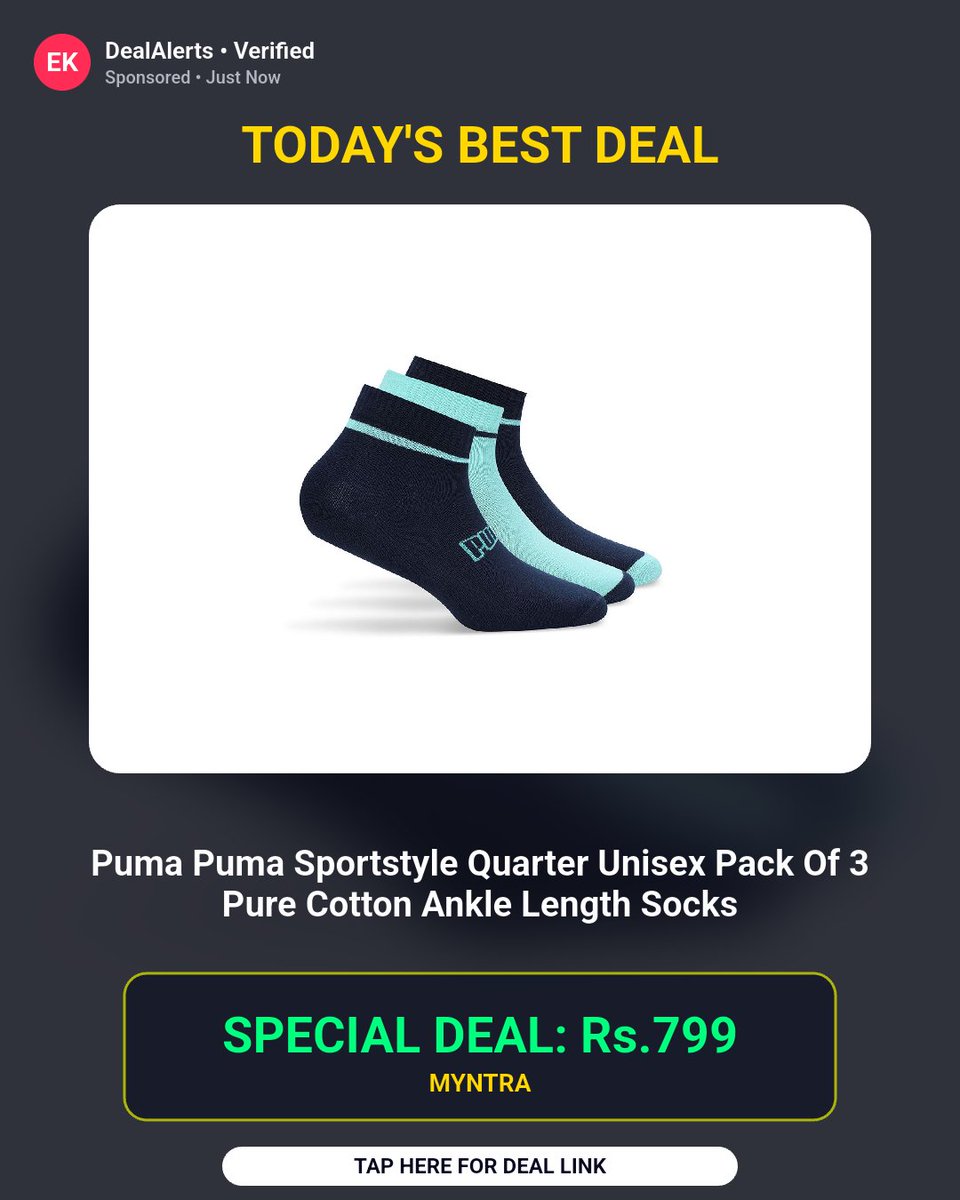 BanotaRajesh's tweet photo. One of the best prices we've tracked. Puma Puma Sportstyle Quarter Unisex Pack Of 3 Pure Cotton Ankle Length Socks at 20% Off

Rs.799

Buy Now: https://t.co/qkpvxiOAlK https://t.co/92gQoRWcTV