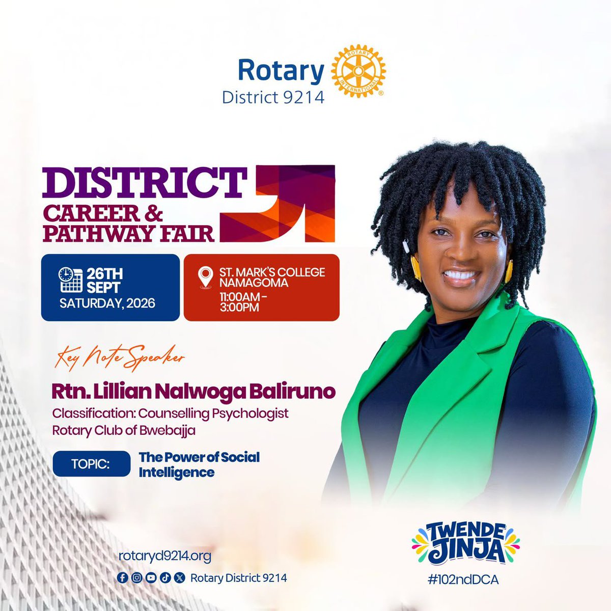 rotaryd9214's tweet photo. MEET OUR KEYNOTE SPEAKER!

Rtn Lillian Nalwoga Baliruno — Counselling Psychologist,  @RcBwebajja — is taking the stage!

TOPIC: The Power of Social Intelligence 🧠✨

🗓️ 26th Sept | 📍 @Smacon24

You can't afford to miss this.

#CareerAndPathwayFair #ReadToRise #RotaryD9214 https://t.co/tk4EsEb4pZ